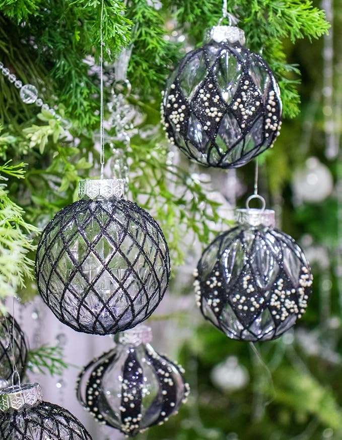 12 PCS Clear and Black Christmas Ball Ornaments, 80mm/3.15 Inches Rustic Farmhouse Christmas Decorations, Large Shatterproof Luxury Hand-Painted Xmas Ornaments for Christmas Tree, Wedding