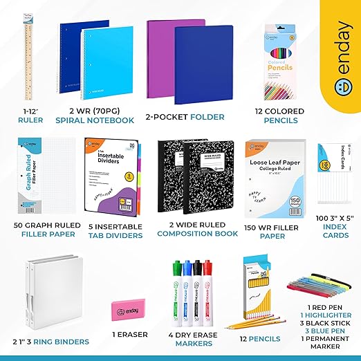 Enday Middle School Supplies Kit - 6th, 7th, and 8th Grade Back to School Supplies - 55 Piece, Premium Quality Kids School Supplies for Girls & Boys, Grades 6-8 Middle School Supplies for Kids