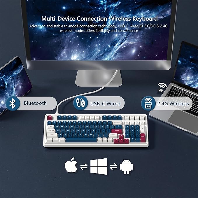 CMK98 Wireless Mechanical Keyboard with Number Pad,Tri-Mode Hot Swappable 99 Key Custom Gaming Keyboard, Linear Switches Gasket Creamy Keyboard RGB for Win/MAC (Blue Red)