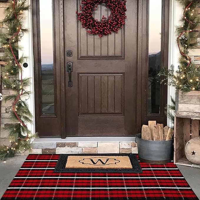 Buffalo Plaid Outdoor Rug, 3' x 5' Christmas Red & Black Check Indoor/Outdoor Area Rug, Layering Rug for Hello/Welcome Door Mat, Machine Washable Cotton Woven Farmhouse Mat for Front Porch Décor