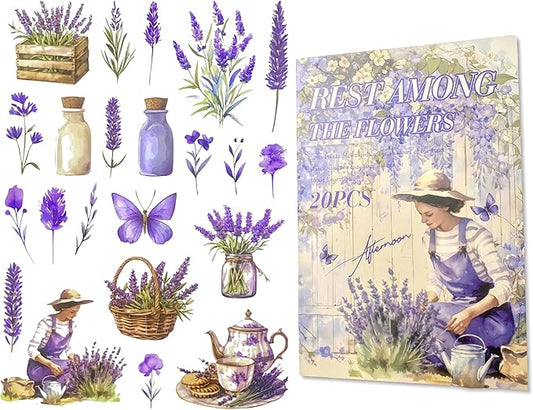 TIAMECH Flowers Resting Sticker Book - Lavender Girl Series, 20 Sheets PET & Washi Stickers for Scrapbooking, Ephemera, Waterproof Junk Journaling Supplies & DIY Crafts (Size 10.5 x 7.1in)