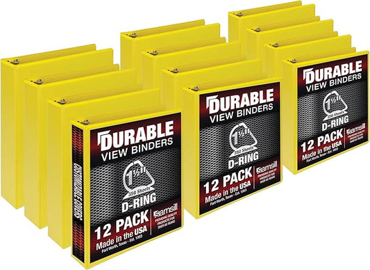 Samsill Durable 1.5 inch 3 Ring Binder, Made in USA, D Ring Binder, FSC 100% Recycled Chipboard, Yellow, 12 Pack