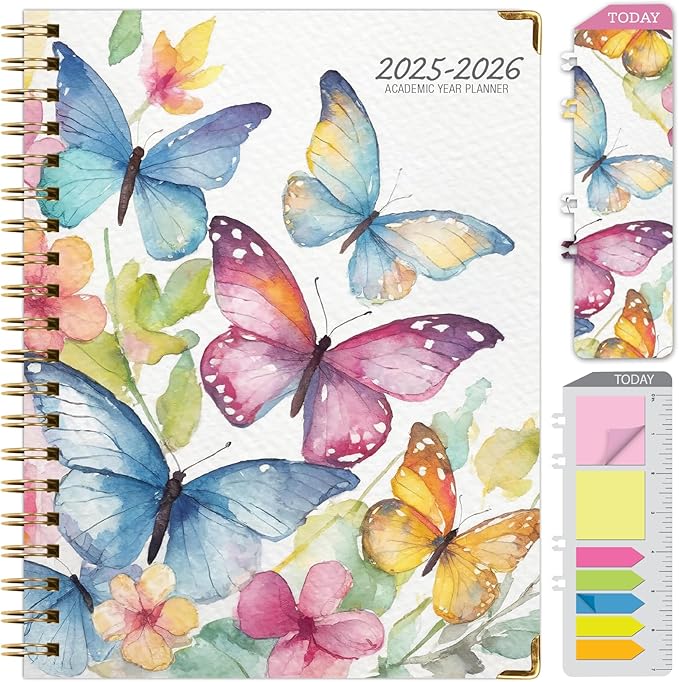 HARDCOVER Academic Year 2025-2026 Planner: (June 2025 Through July 2026) 8.5"x11" Daily Weekly Monthly Planner Yearly Agenda. Bookmark, Pocket Folder and Sticky Note Set (Watercolor Butterflies)