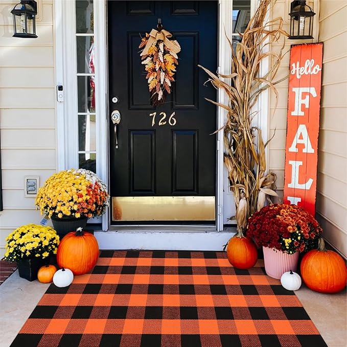 KIMODE Fall Outdoor Rug Buffalo Plaid Orange and Black 3'x5',Washable Cotton Halloween Door Mat,Reversible Fall Front Porch Rug Decor,Checkered Layering Rugs for Entryway,Front Door