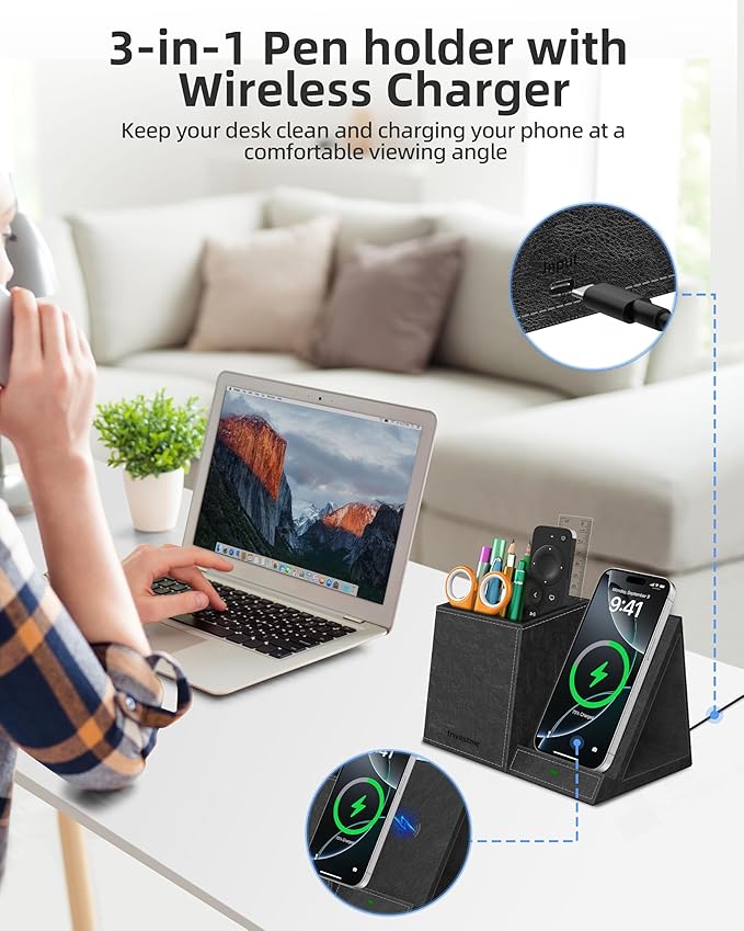 Pen Holder with Wireless Charger, Pencil Holder for Desk, Multi-Functional Desktop Organizer, Desk Organizers and Accessories for Home School Office Supplies, PU Leather Black
