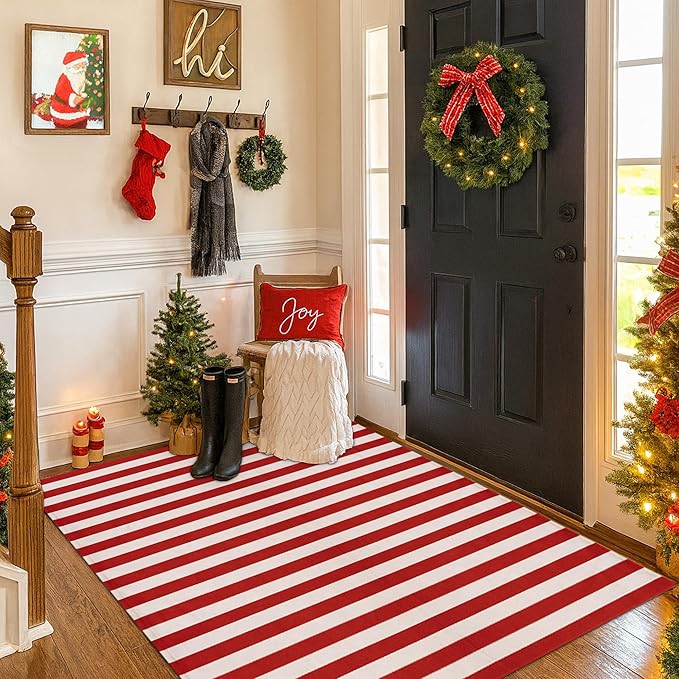 Christmas Red & White Striped Rug - 3' x 5' Outdoor Front Door Decor Mat Cotton Washable Hand-Woven Rug Christmas New Year Holiday Porch Entryway Layered Doormat