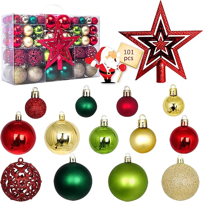 101 PCS Christmas Tree Ornaments Decoration Set, Red Golden Green Shatterproof Plastic Baubles Christmas Balls for Xmas Holiday Decorations