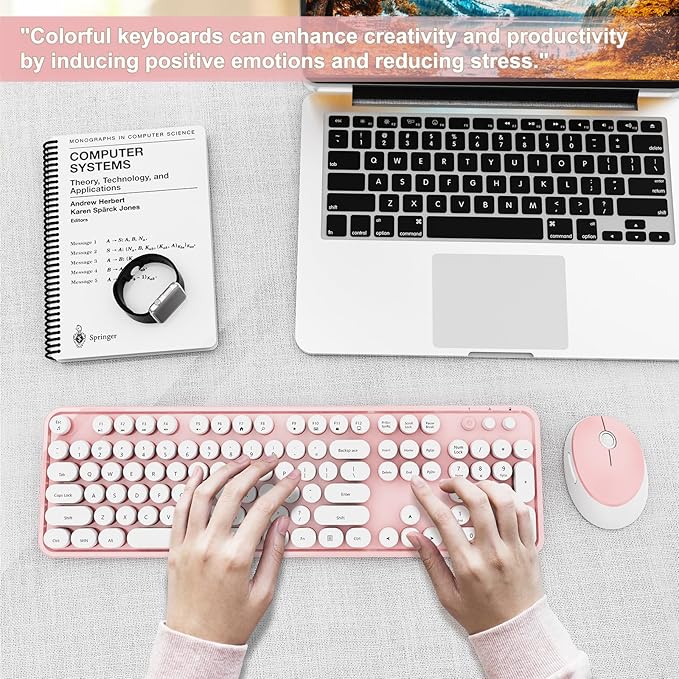 Wireless Keyboard and Mouse Combo, Ergonomic Full Size Typewriter Retro Round Keycaps Keyboard, Compatible with Windows, PC, Perfer for Home and Office Keyboards (Lovely Pink)