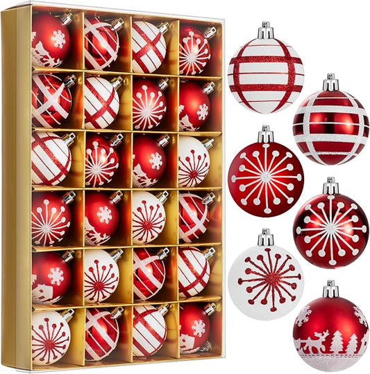 24PCS Christmas Ball Ornaments Set Xmas Tree Decoration Balls 2025 Shatterproof Hanging Colored for Party Wedding Home Party Outdoor Indoor White & Red