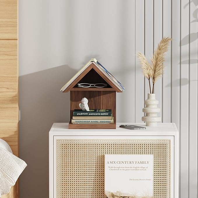 Floating Bedside Wood Bookshelf, Triangle Book Page Holder, Wooden Simple Bookcase for Bedroom Nightstand Library Office or Wall Decor Storage (Brown)