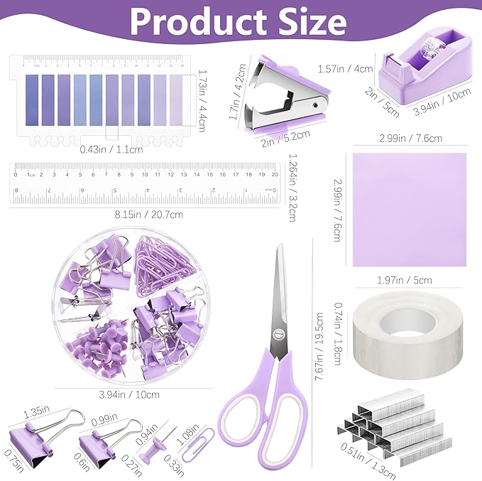 15 Pcs Purple Office Supplies Set Mesh Desk Organizer Accessories Kit Include Stapler Tape Dispenser Staple Remover Clips Ruler Scissors Sticky Notes for Office School Home Women (Purple)