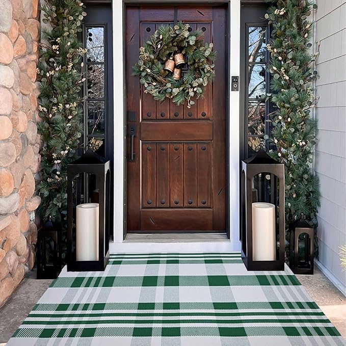Christmas Door Mat Outdoor 3' x 5' Green and White Plaid Rug Christmas Decor Rug Cotton Hand-Woven Layered Door Mats Washable Carpet for Front Porch, Kitchen, Farmhouse, Entryway
