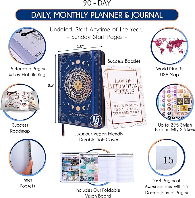 Self Care Journal - 5 Minute Mental Health & Manifestation Journal | 90-Day Undated Daily Planner for Positivity, Affirmations & Gratitude | Guided Mindfulness, Reflection | Vision Board + Stickers