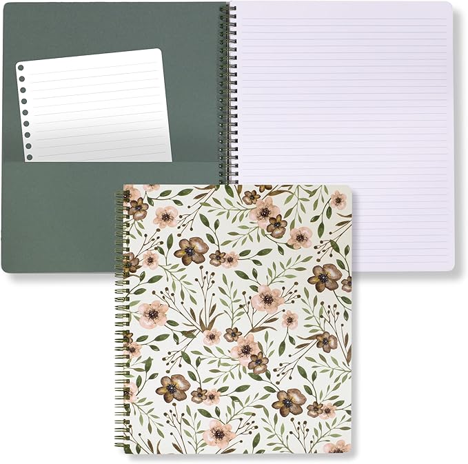 Steel Mill & Co Cute Large Spiral Notebook College Ruled, 11" x 9.5" with Durable Hardcover and 160 Lined Pages, Woodland Floral