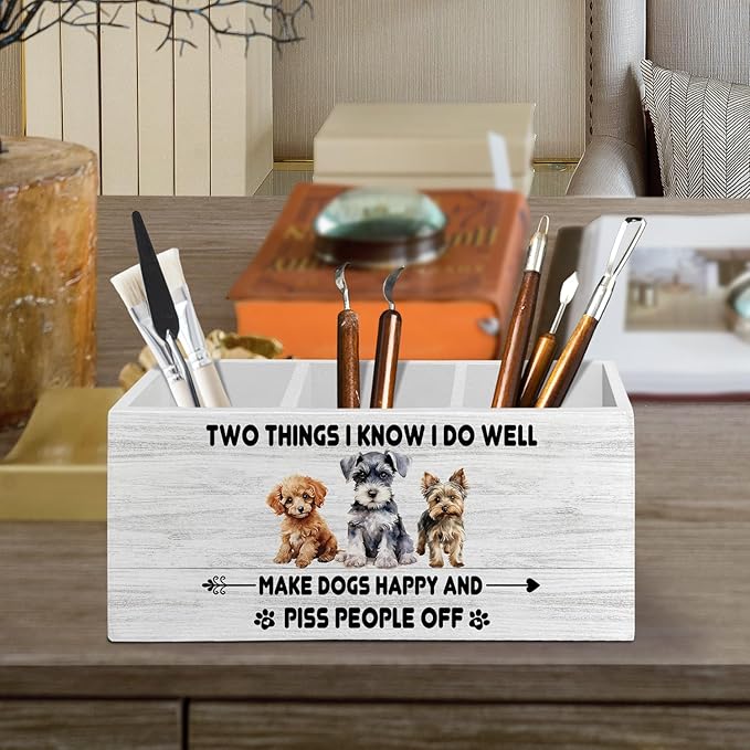 Funny Dog Pen Pencil Holder Organizer for Desk Accessories, Dog Mom Dad Lovers Owner Gifts for Women Men, Pet Lover Gifts Wooden Box Sign Desk Decor for Home Office Decoration