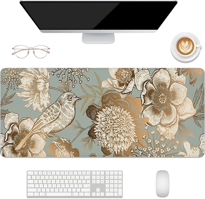 Desk Mat, 32" x 12" XXL Extended Large Gaming Mouse Pad, Desktop Decor Desk Pad, Cute Men Women Office Supplies and Accessories, XL Mouse Mat for Laptop & Keyboard, Retro Flower and Bird