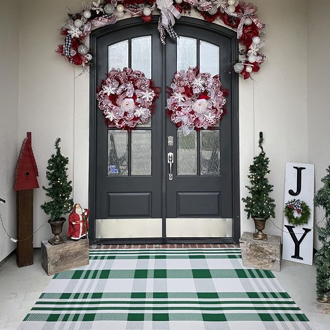 Christmas Plaid Outdoor Rug, 3' x 5' Green&White Checkered Indoor/Outdoor Area Rug, Layering Rug for Hello/Welcome Door Mat, Machine Washable Cotton Woven Rug for Farmhouse Front Porch, Entryway