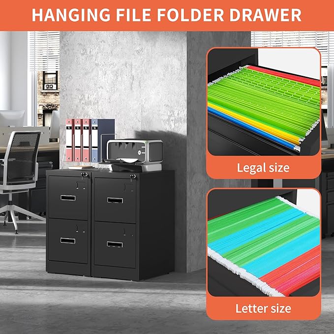 2 Drawer Metal File Cabinet with Lock Heavy Duty Home Office Steel Vertical Filing Lockable Cabinets for Legal/Letter Size File,Assembly Required