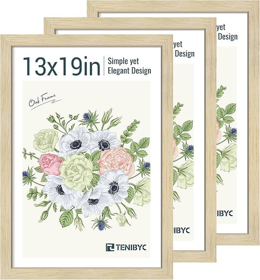 13x19 Picture Frames Set - 3 Pack - Natural Oak Wood - Tempered Glass - for Wall Photos, Family Memories, Posters & Puzzles, Home Decor