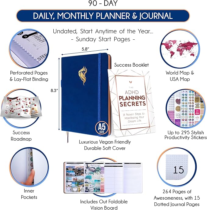 Adhd Daily Planner - A Self Care Personal Gratitude Journal to Increase Productivity and Success in Life & Work, Weekly & Monthly Undated Planner for Women and Men, Vision Board & Organizer + Stickers