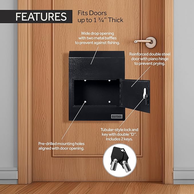 Through-the-Door Drop Box Deposit Safe 12 x 6 x 15" - Heavy Duty Steel Mailbox with Lock for Receiving Mail, Checks, Letters, Cash and more for Home, Office and Commercial Use (D500) (Black)