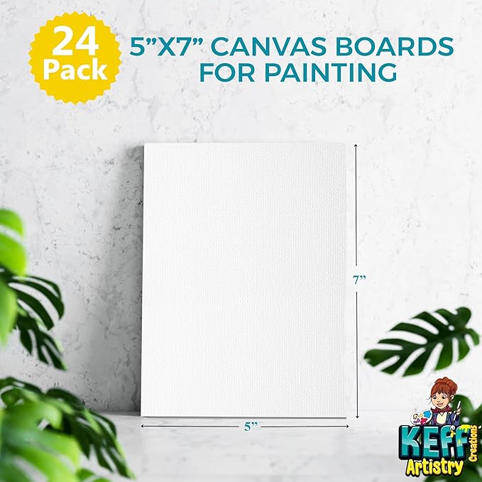 KEFF Canvas Boards for Painting - 5x7 24-Pack Bulk Canvas Panels, 100% Cotton Triple Primed Small Canvases for Painting Supplies, Acrylic, Oil, Watercolor & Tempera