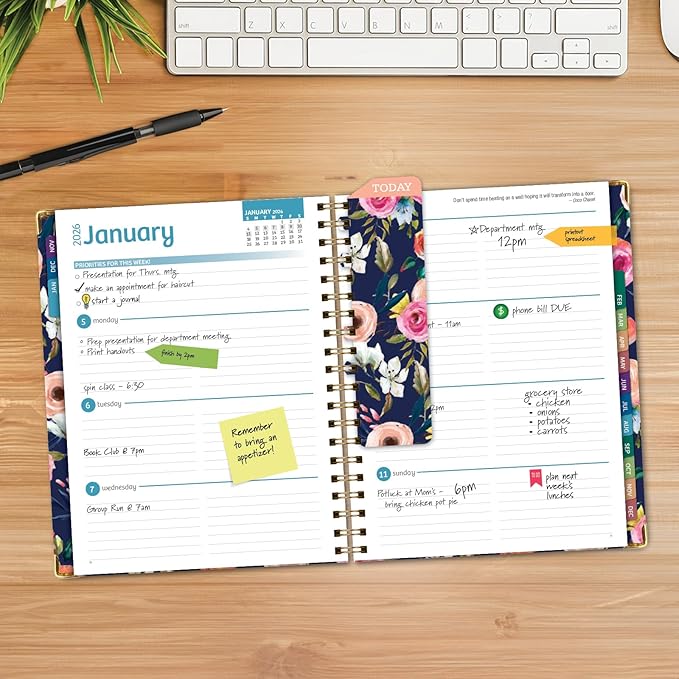 HARDCOVER 2026 Planner, 7"x9": 14 Months (November 2025 - December 2026), Daily Weekly Monthly Planner, Yearly Agenda, Bookmark, Pocket Folder and Sticky Note Set (Small Navy Floral)
