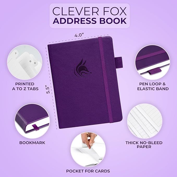 Clever Fox Address Book with alphabetic tabs - PU Leather Telephone and Address Book for Keeping Contacts Safe, Contact Organizer Journal, Small Size (4.0″ x 5.5″), Hardcover, Purple