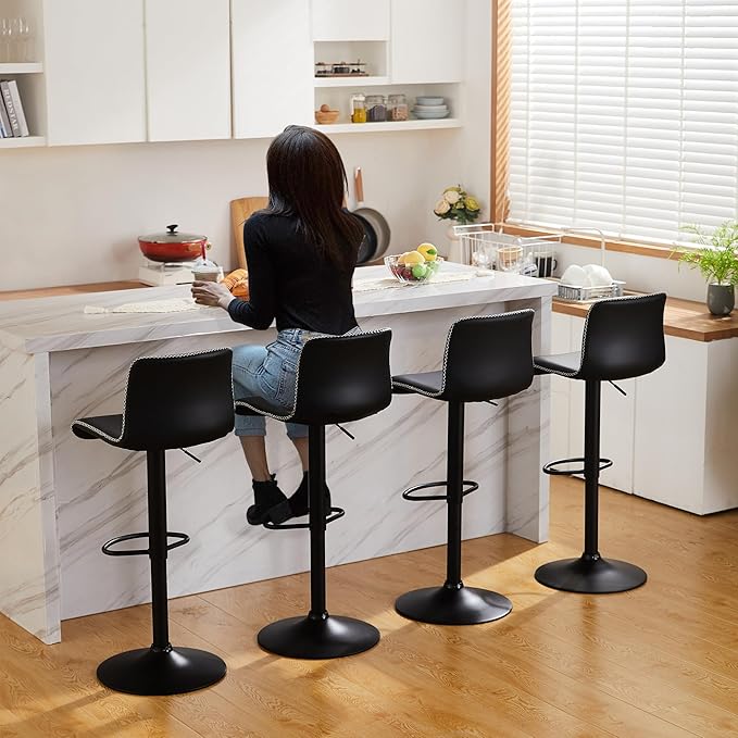 HeuGah Bar Stools Set of 3, Swivel Counter Height Barstools with Back, Adjustable Height 24" to 32", Black Faux Leather Bar Chairs for Kitchen Island (Black, Set of 3 (24'' to 32''))