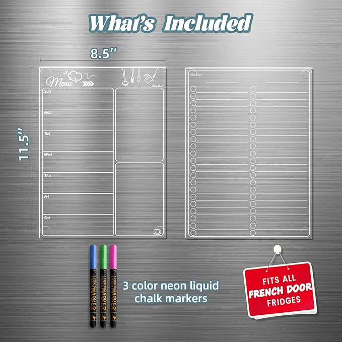 Clear Non-Magnetic Meal Planner Set for Fridge - Dry Erase Transparent Menu and List Board - Sticks to Wall, Glass, Door, Any Smooth Surfaces