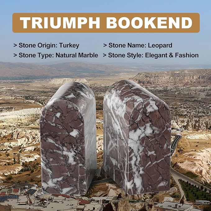 Koville Turkish Natural Marble Bookends for Shelves, Decorative Book Ends, 13lbs Heavy-Duty Marble Book Holders, Bookshelf Apartment Decor for Normal Books/CD/Video Games(Leopard)