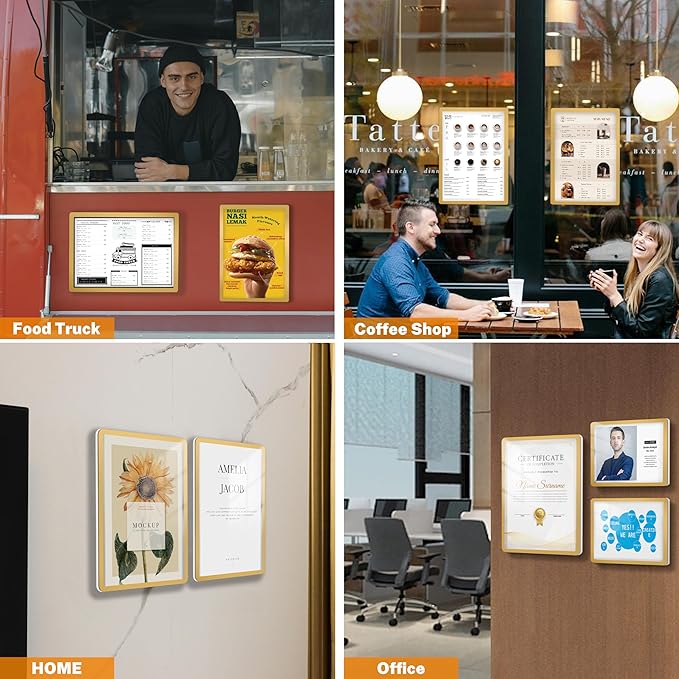 8.5x11 Wall Sign Holder Floating 3 Pack, Self-Adhesive Display Frame for Document/Poster/Paper Office/Store/Wall Mounted for Door/Window Display Holder with Horizontal and Vertical (Gold)