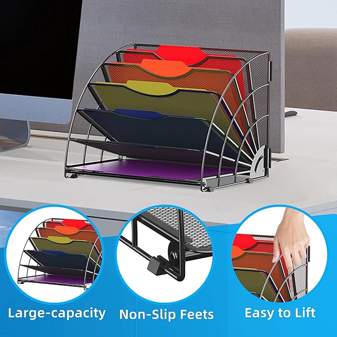 SUPEASY Fan Shaped Desk File Organizer, 6 Compartments for Filing Paper Bills, Letters, Desk Accessories for Workspace, School, Office, Waiting Room, Classroom Storage, Black