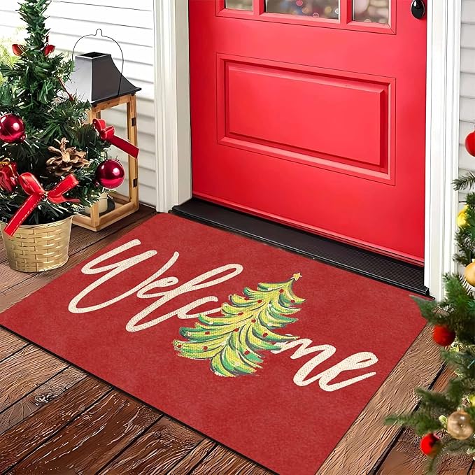 Christmas Welcome Tree Door Mat Merry Christmas Doormat Indoor Outdoor Entrance Floor Rug Non Slip Winter Decor Rubber Welcome Mats, 16" x 24" Inch