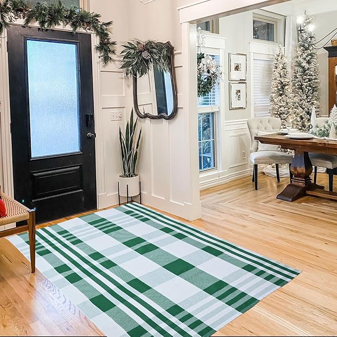 Christmas Plaid Outdoor Rug, 4' x 6' Green&White Checkered Indoor/Outdoor Area Rug, Layering Rug for Hello/Welcome Door Mat, Machine Washable Cotton Woven Rug for Farmhouse Front Porch, Entryway