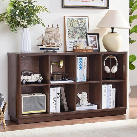 8 Cube Bookcase, 52" Long Horizontal Book Shelf w/Curved Edge, Floor Standing 2-Tier Cubby TV Stand Bookshelf with Wooden Base, Farmhouse Low Storage Cabinet for Living Room, Office, Walnut