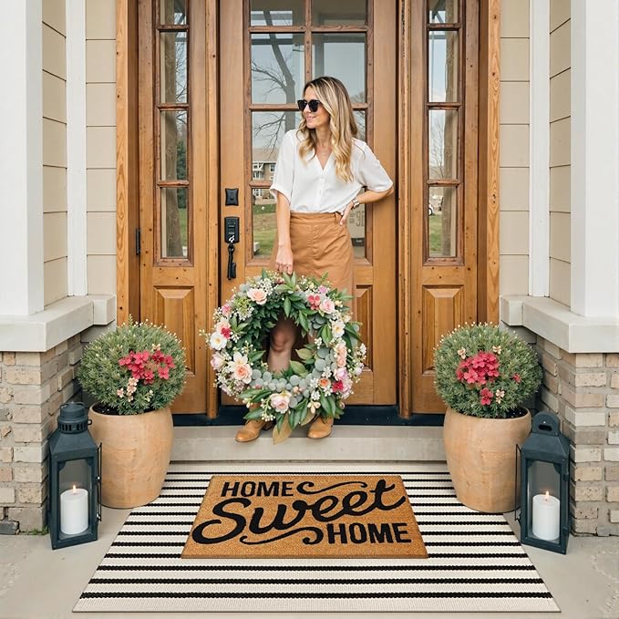Collive Christmas Door Mat Outdoor Black and White Striped Rug 27.5" x 43.3", Farmhouse Front Porch Rug Reversible Washable Front Door Mats, Hand Woven Welcome Layered Doormat for Entryway Entrance