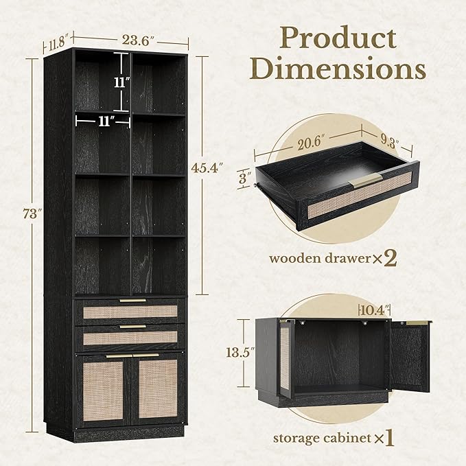 Bookshelf, Bookcase with Doors and 2 Drawers, Rattan Tall Bookshelf with 4-Tier Storage Shelves, 73 inch Wooden Book Shelf for Home Office, Living Room, Black