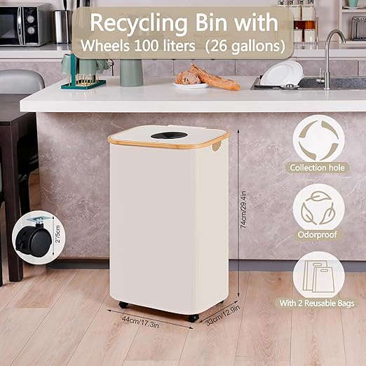 efluky Recycle Bins for Kitchen 100L (26 Gallon), Recycling Bin with Wheels and 2 Removeable and Reusable Inner Bags, Kitchen Recycling bin with lid for Bottle Can Plastice Stickers, Beige