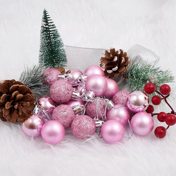30ct Christmas Ball Ornaments, 1.18" Shatterproof Tree Decorations, Perfect Hanging Ball for Indoor/Outdoor Holiday Party Decor (Pink)
