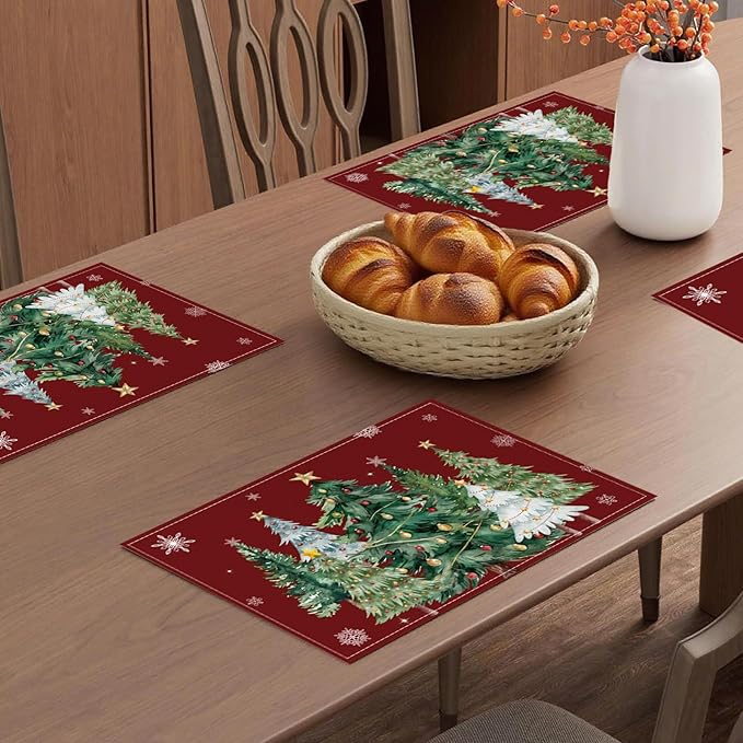 Christmas Placemats Set of 6 Xmas Trees Snowflakes Winter Placemats Snowflake Winter Seasonal Table Mats for Holiday Party Kitchen Dining Holiday Decoration