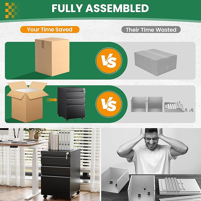 Mobile File Cabinet with Lock, 3 Drawer File Cabinet for Home Office, Rolling File Cabinet, Under Desk Locking Filing Cabinet on Wheels for Legal/Letter/A4 File, Fully Assembled, Black