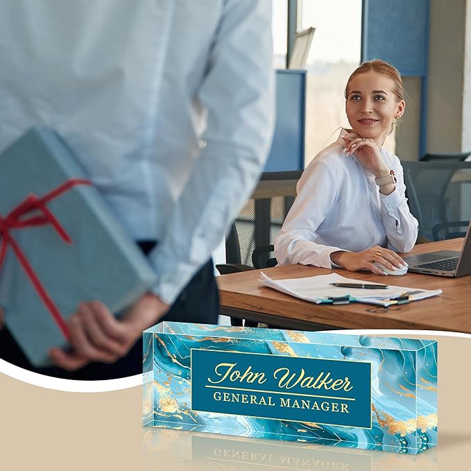 Ship Next Day Personalized Name Plate for Desk, Custom Acrylic Desk Name Sign, Office Appreciation Gifts for Women Men Coworkers Boss Teacher Employee (Blue Marble)