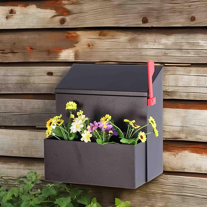 Wall Mount Mailbox with Flower Planter - Black Large Capacity Security Wall Mounted Mailbox - Waterproof Vertical Drop Mail Box Outdoor
