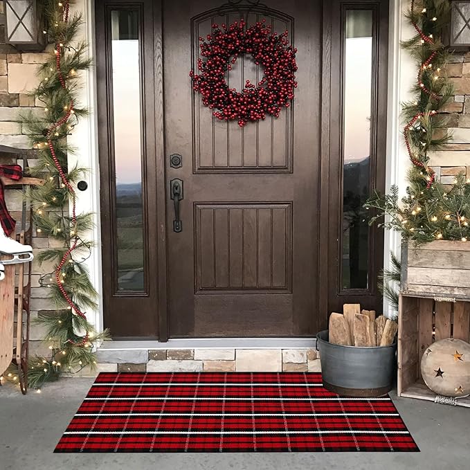 Christmas Plaid Outdoor Rug, 2' x 4'3'' Red & Black Check Indoor/Outdoor Area Rug, Layering Rug for Hello/Welcome Door Mat, Machine Washable Cotton Woven Farmhouse Mat for Front Porch Décor