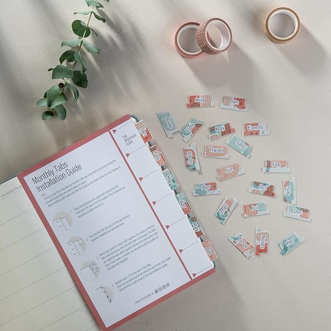 DiverseBee Laminated Planner - 24 Peel and Stick Tabs (12 Monthly, 4 Blank) - Geometric Dividers