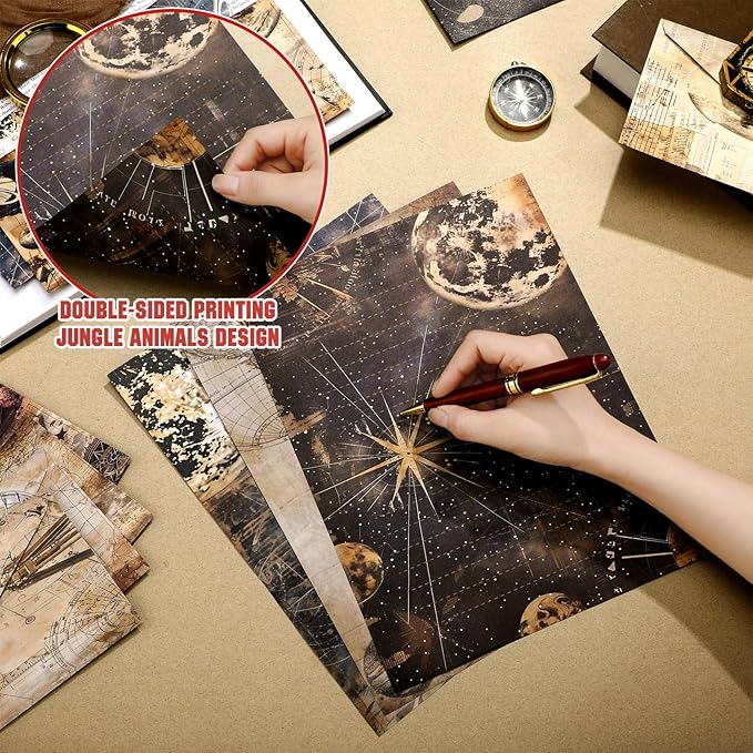 TaoBary 160 Pcs Stationery Paper Set 50 Double Sided Stationery Papers with 50 Matching Envelopes and 60 Round Dot Sticker, 10 Design(Space Moon Celestial,8.5 x 11 Inch)