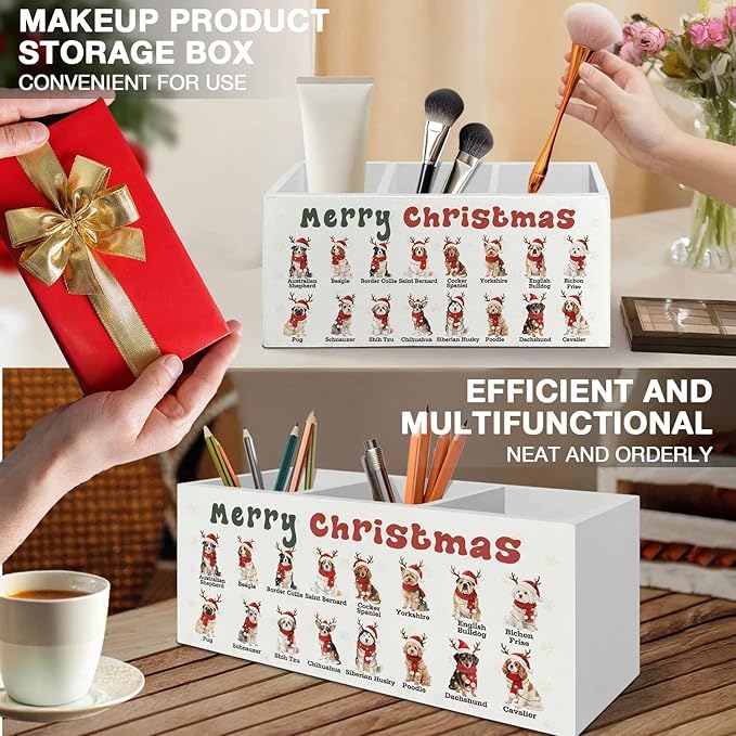 Merry Christmas Dog Pen Pencil Holder Organizer for Desk Accessories, Dog Lover Owner Gifts, Christmas Santa Dogs Chart Wooden Box Signs Decorations for Home Office Desk Tabletop