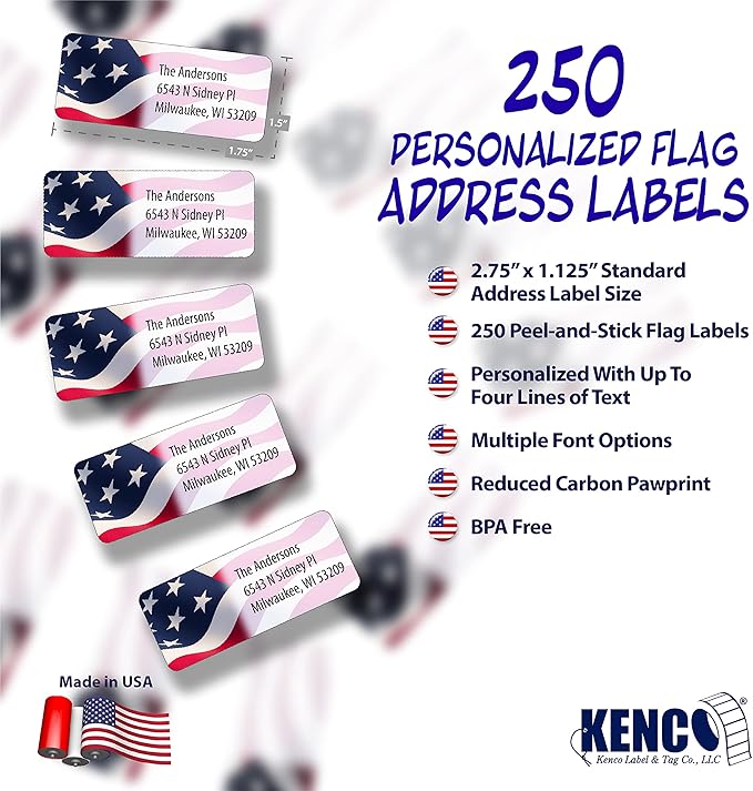 Customized Personalized Address Labels - Made in The USA by Kenco (250 Labels, American Flag)