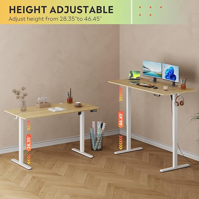 DEVAISE 55 Inch Electric Standing Desk, 3 Adjustable Height Stand up Desk for Home Office, Ergonomic Sit to Stand Desk with LED Touchscreen, Headphone Hook, 3 Memory Preset Computer Desk (Maple)